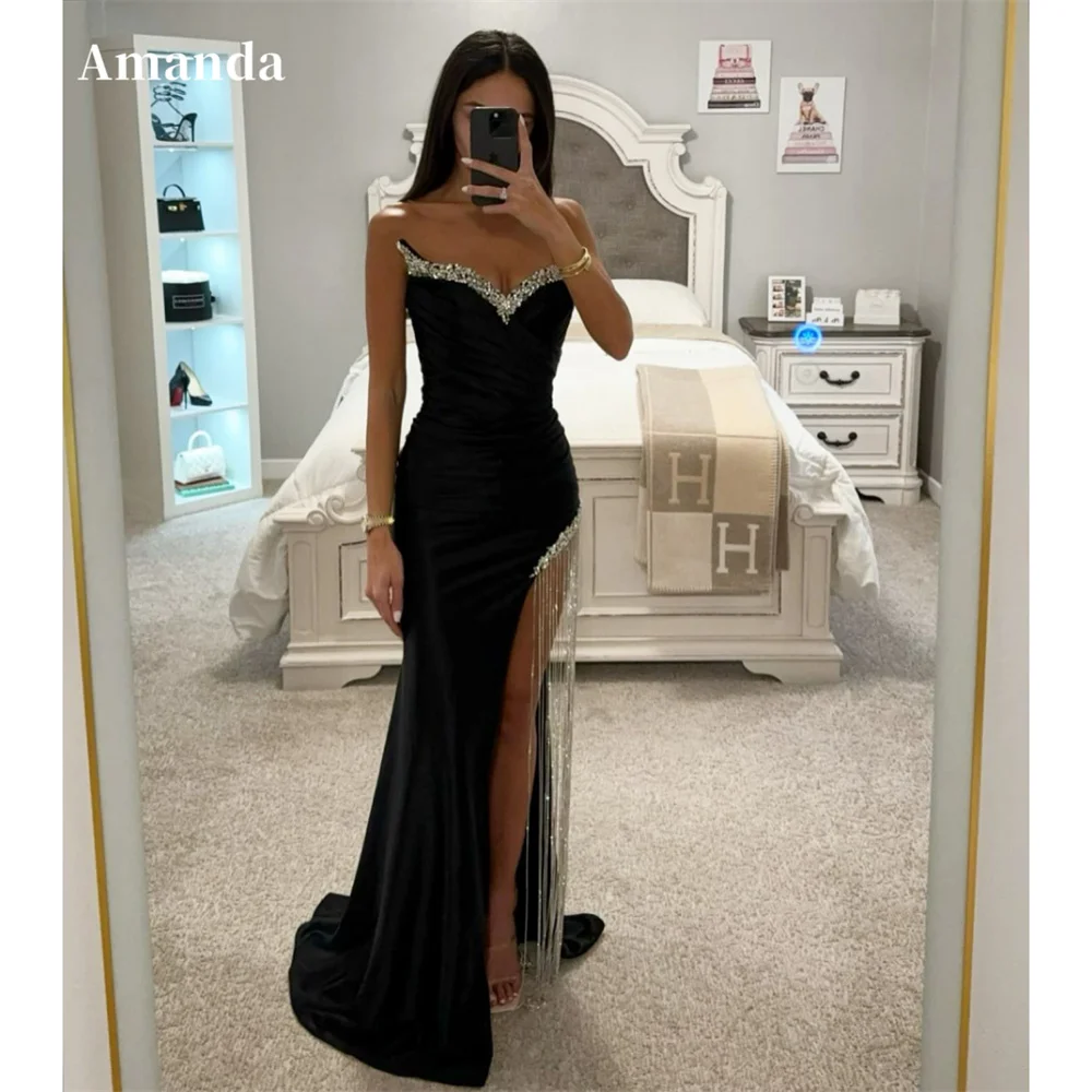 

Amanda Black Heart Shaped Neck Mermaid Vestido De Novia Glitter Sequins Curl Prom Dress Sexy Side High Split Graduation Ball