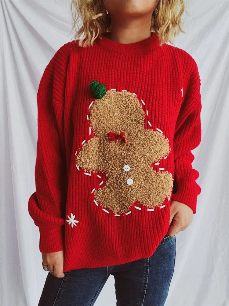 Ugly Christmas Knitted Sweater For Women Autumn Winter 2024 New Snowman Doll Loose Holiday Pullover O-Neck Long Sleeve Jumper