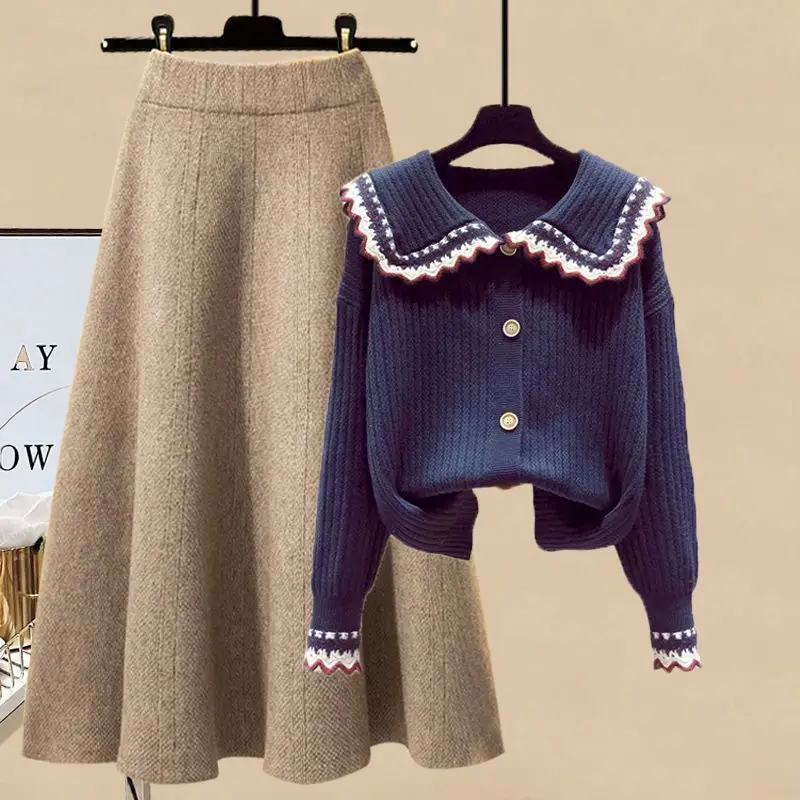 الخريف الشتاء أنيق محبوك بلوزات وتنورة قطعتين مجموعة المرأة الفرنسية شيك فستان طويل مجموعة