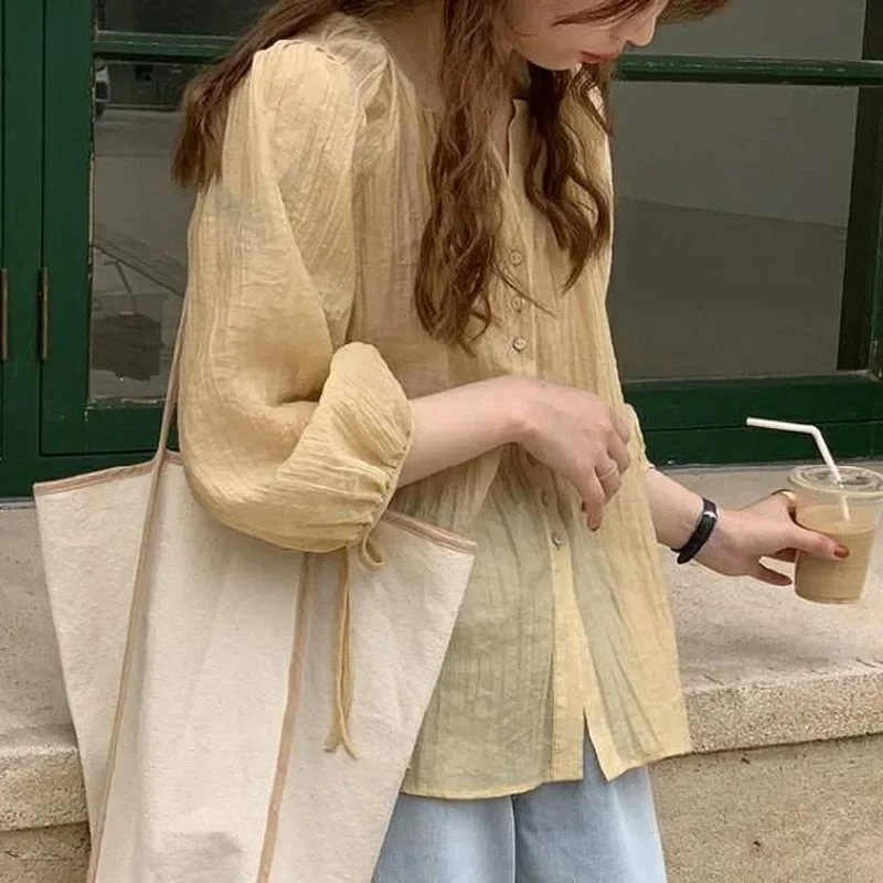 Summer New O-neck Lantern Long Sleeve Chiffon Blouse Super Thin Sun Protection Shirt Korean Loose Blouse Chemise Blusas 10349