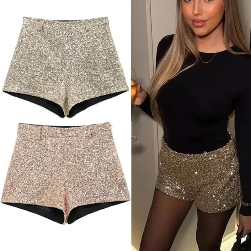 TRAF Pantaloncini da donna con paillettes dorate Pantaloncini glitter alla moda per ballare Pole dance Bermuda Y2K Streetwear Micro pantaloni corti