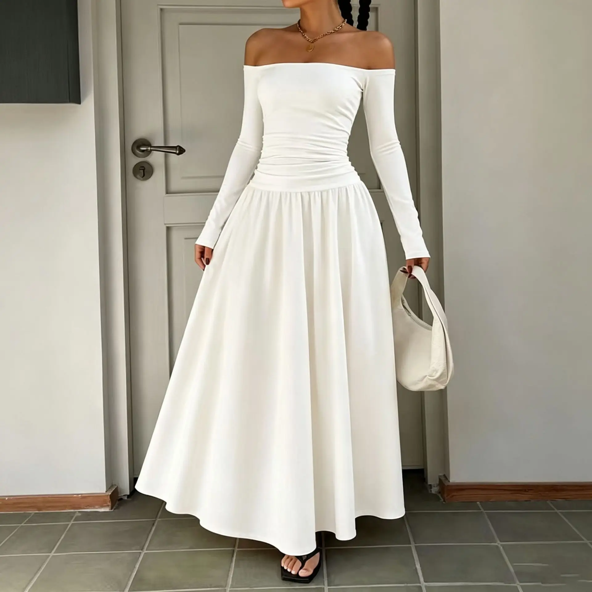 Women Long Dress Off Shoulder A Line Long Sleeve Dot Print Elegant Tight Waist Party Night Y2k Streetwear Work Slim Fit Vacation