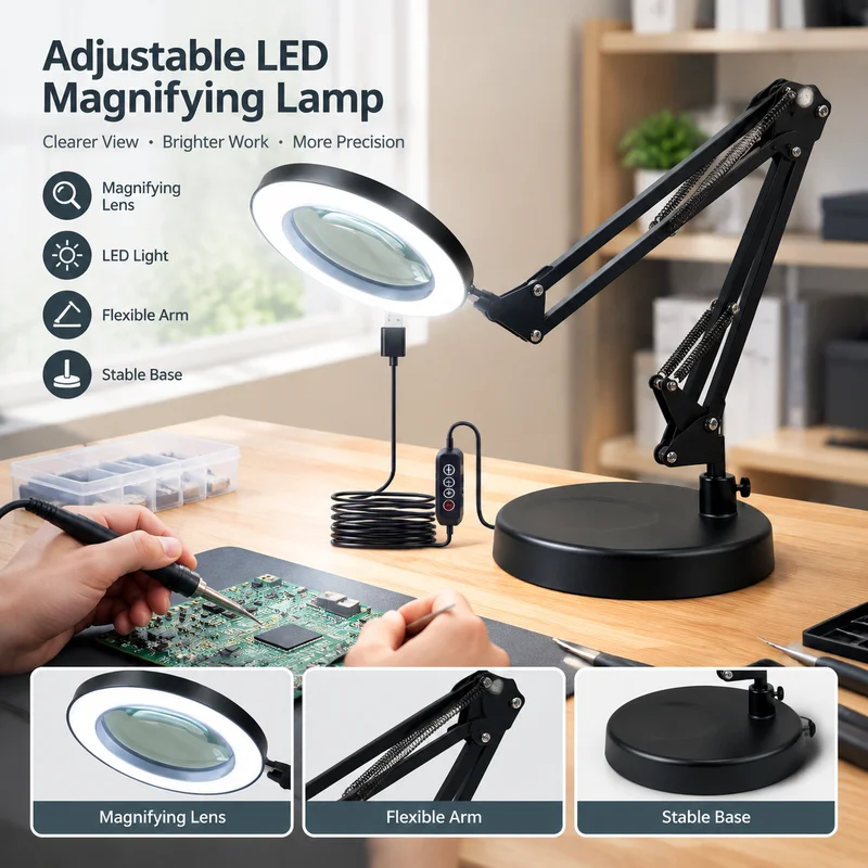 Desktop Magnifying Glass with LED Light, Optical Glass, High-Definition Engraving, Phone PCB Repair Soldering Foldable Work Lamp