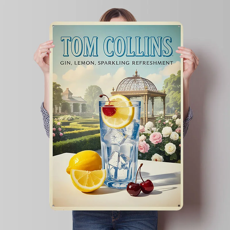 Tom Collins Cocktail Advertisement Printing Poster Customized Retro Wall Art Vintage Metal Signs for Mancave Bathroom Decor Home