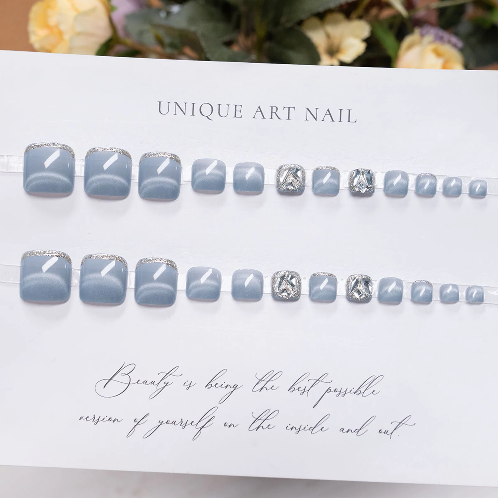 24pcs Glossy Blue Cat's Eye Fake Toe Nails Ins French Style Flash Rhinestone Decor Press On Toenail Short Square Summer Toenails