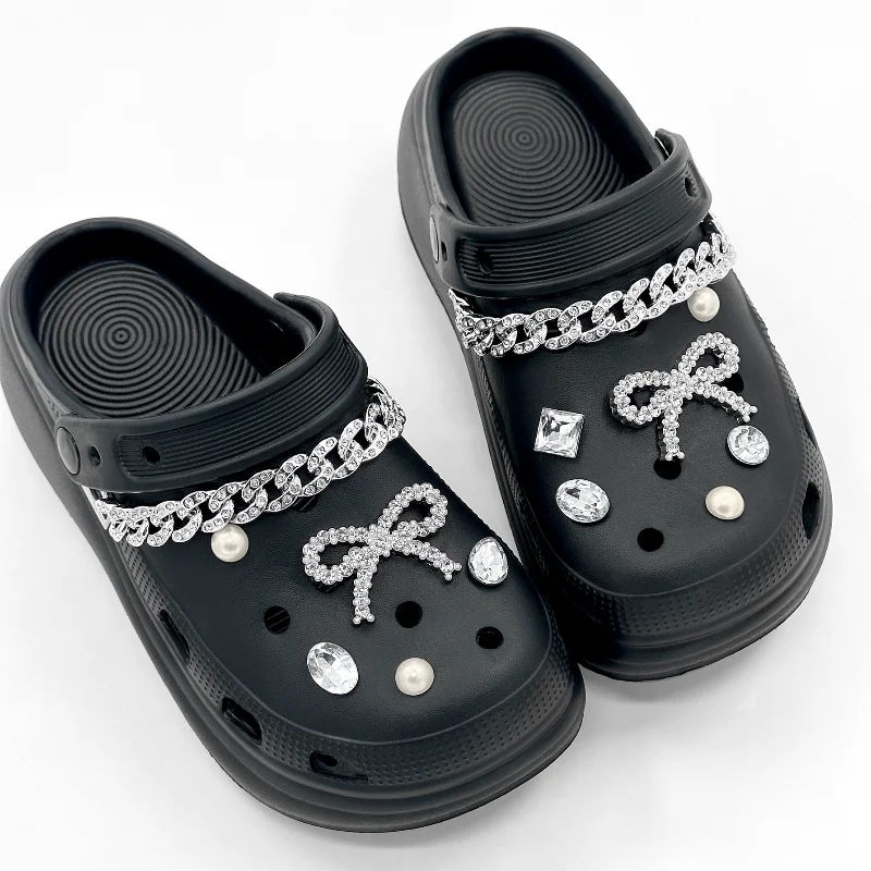 

Rhinestone Bow Shoe Charms Set Pearl Chain DIY Clog Accessories Crystal Decoration for Garden Shoes Sandals