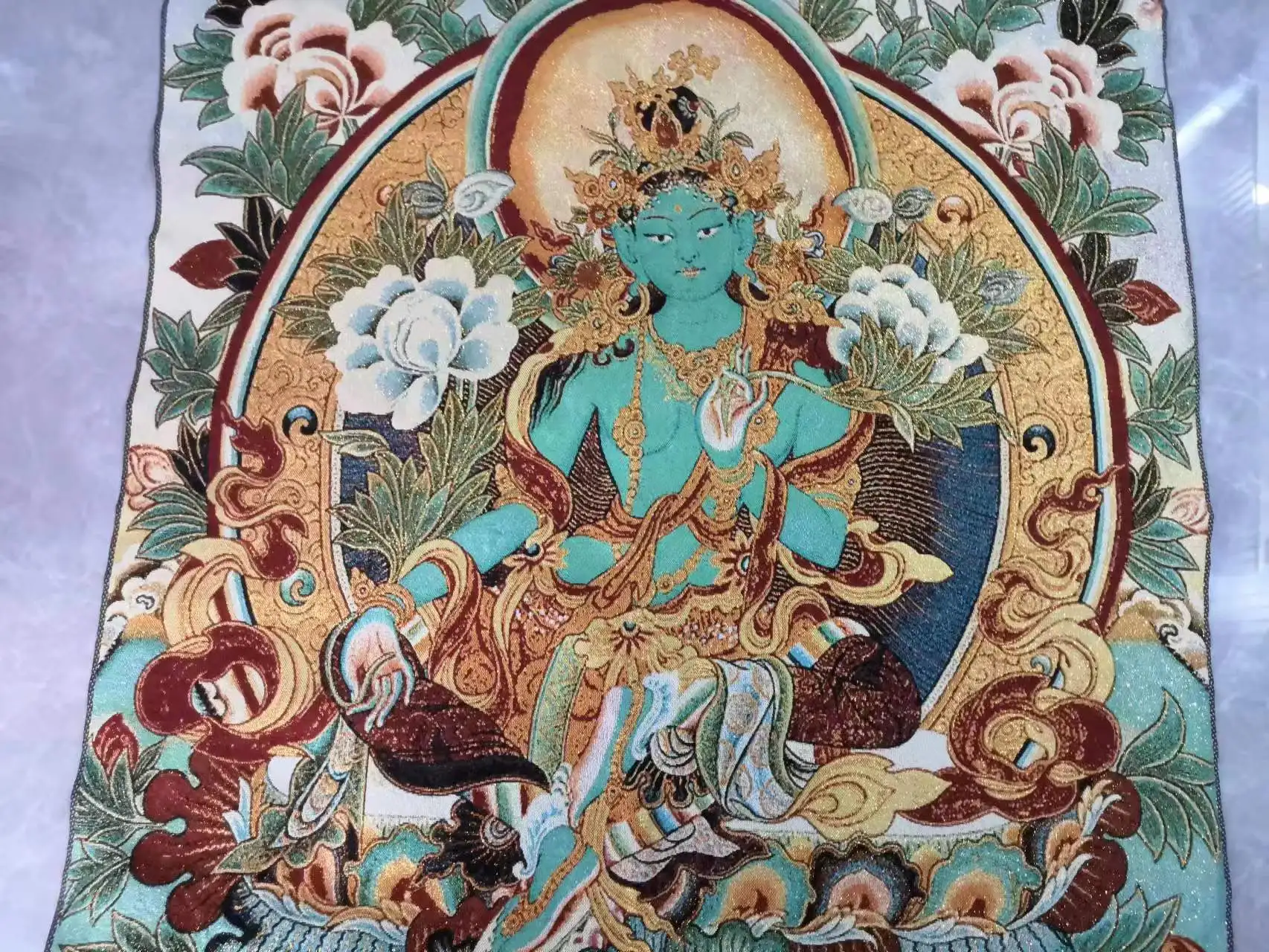 Tibet Buddhism Silk embroidery Seat Green Tara Buddhism Thangka Painting Mural.