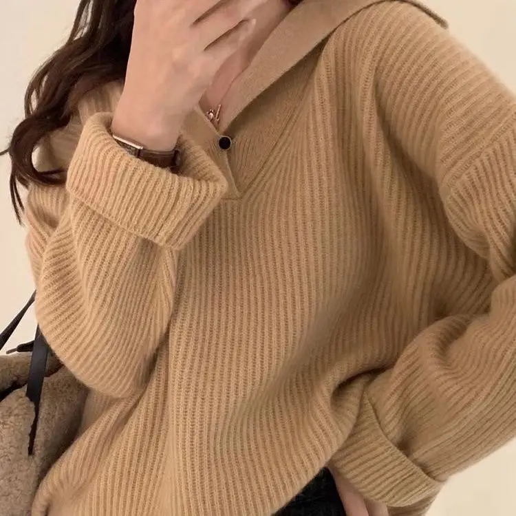 

POLO Sweater Sweater Pullover New Spring and Autumn Women V-neck Design Feeling Niche Loose Casual Lazy Style Top INS Clothing