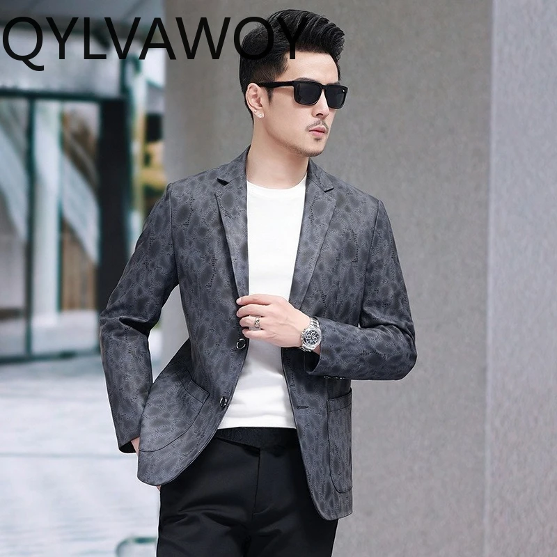 QYLVAWOY 100% Real Cowhide Genuine Leather Jacket Men Spring Autumn Fashion Printed Leather Coat Casual Suit Man Leather Jackets