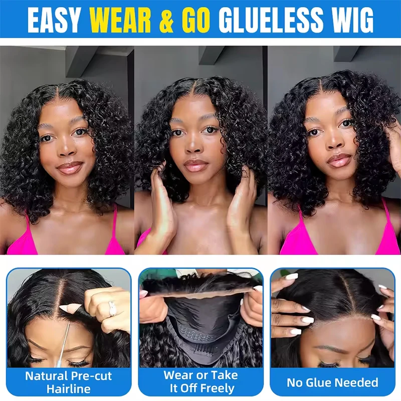 Короткий парик Боб Kinky Curly Wear GoGlueless Парики из натуральных волос на кружеве для чернокожих женщин Предварительно сорванные прозрачные кружевные фронтальные парики