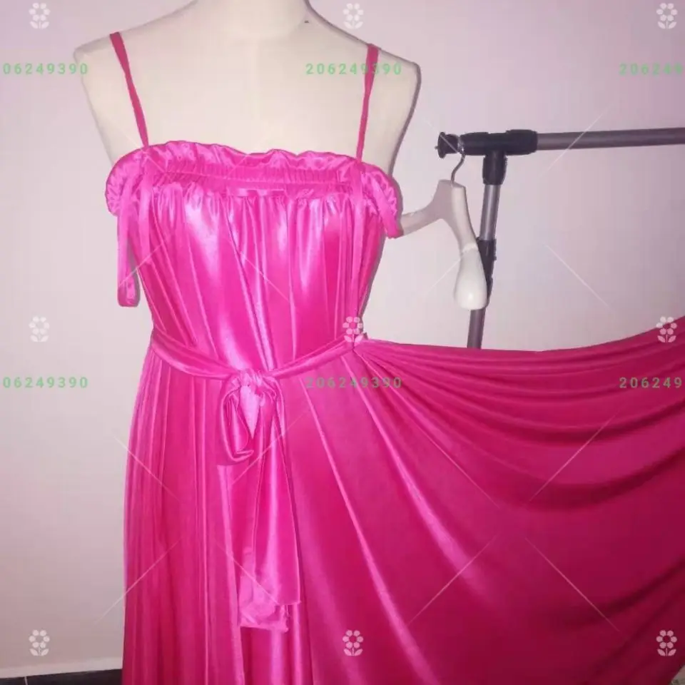 1.5m Skirt Length Glossy Rose Women Ruffles Satin Sleeveless Dress Loose Maxi Dress Plus Size Sleeping Robe