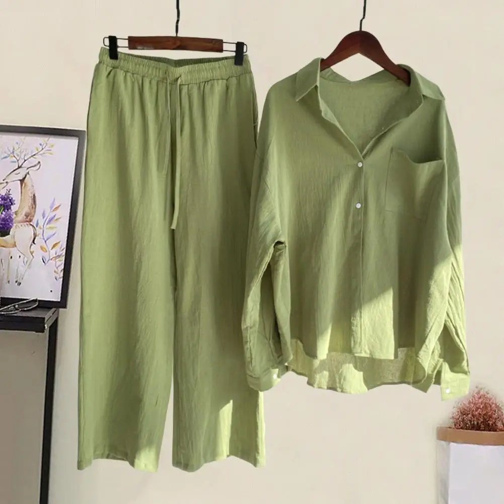 2 Pcs/Set Chic Casual Women Tops Pants Suit Vintage Style Long Sleeves Stretchy Waist T-shirt Pants Set Buttons