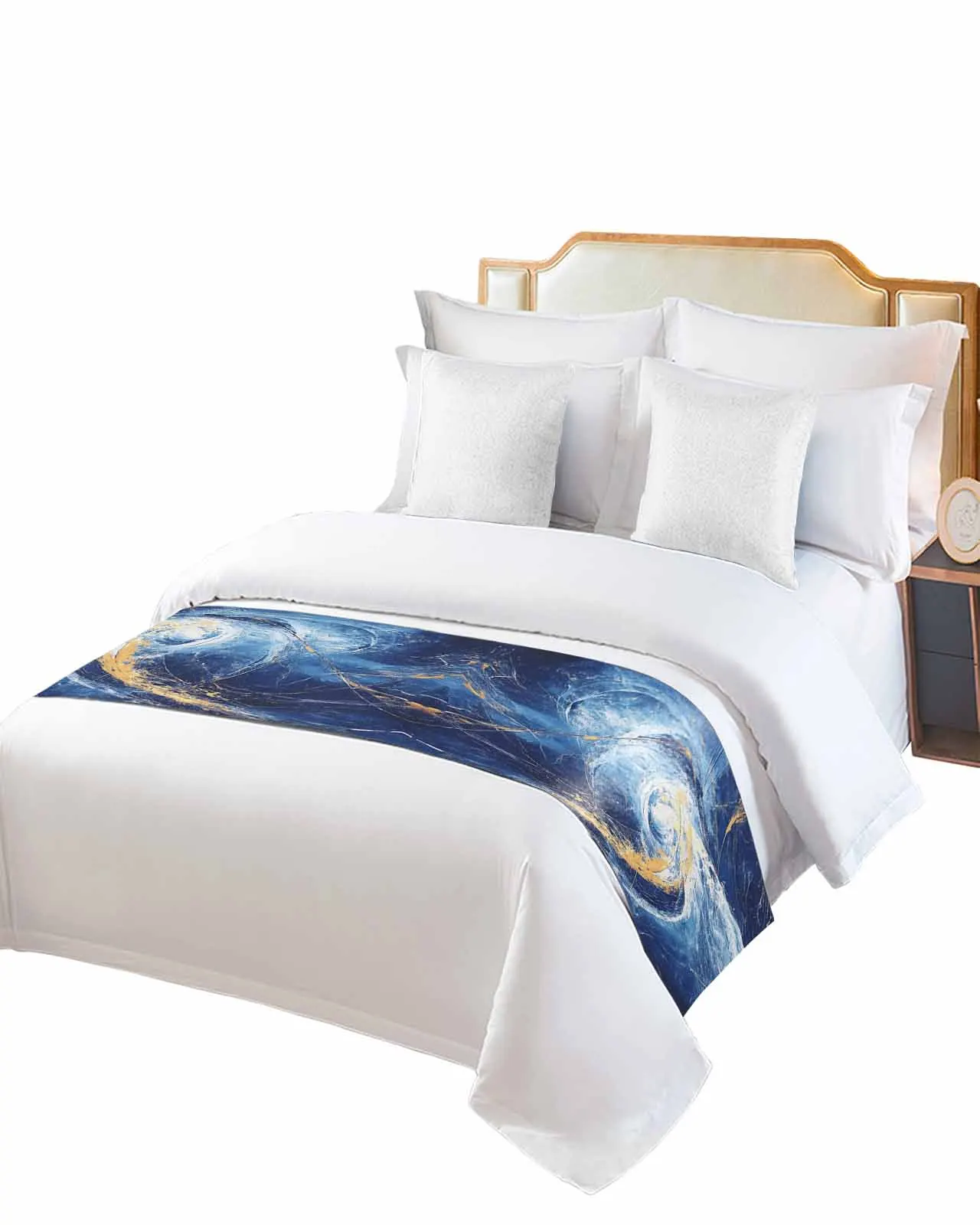 

Abstract Blue Theme Bed Runner Luxury Hotel Bed Tail Scarf Decorative Cloth Home Bed Flag
