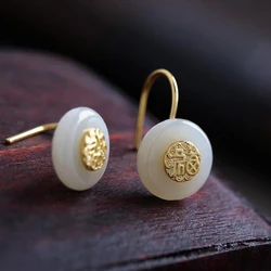 Classic Natural Hetian White Jade Fuzi earrings for women High quality stud earings Simple Ancient Gold Craft Silver Jewelry