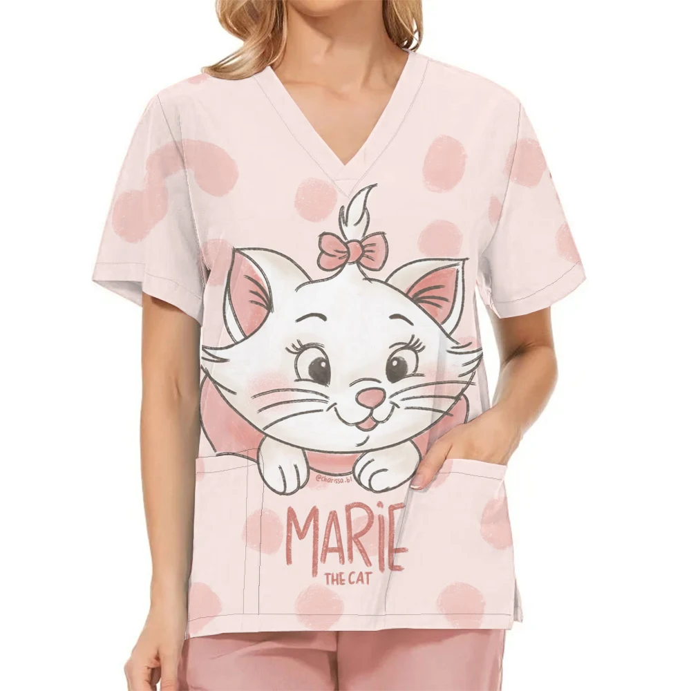 

Pet Clinic Vet Work Uniforms Women Nurse Accessories Disney Mary Cat Print Hospital Doctor Nursing T-Shirt Medical Scrubs Clothe