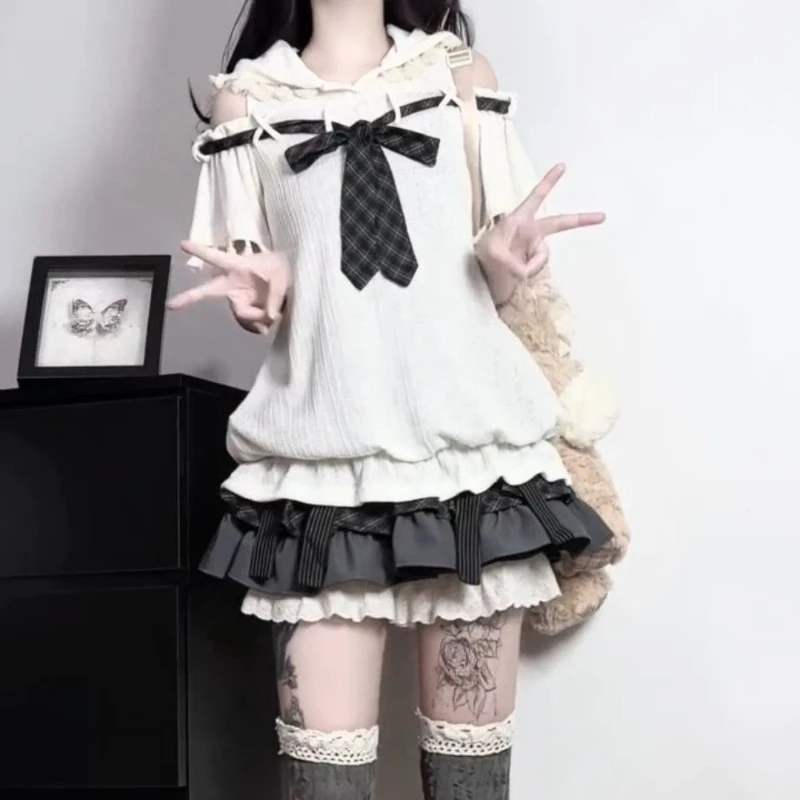 Japan Style Kawaii 2 Piece Skirt Sets Women 2000s Harajuku Vintage Sweet Suits Y2k Lolita Short Sleeve Matching Set Summer Chic
