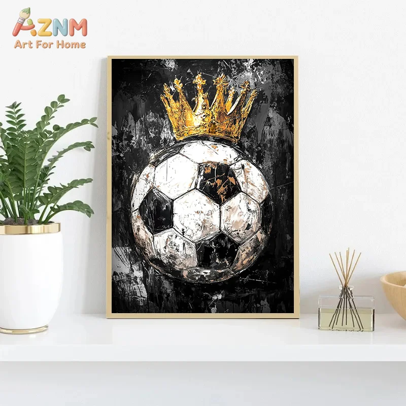 AZNM Sports Balls with Crown Grunge Style Canvas Wall Art Print Decor