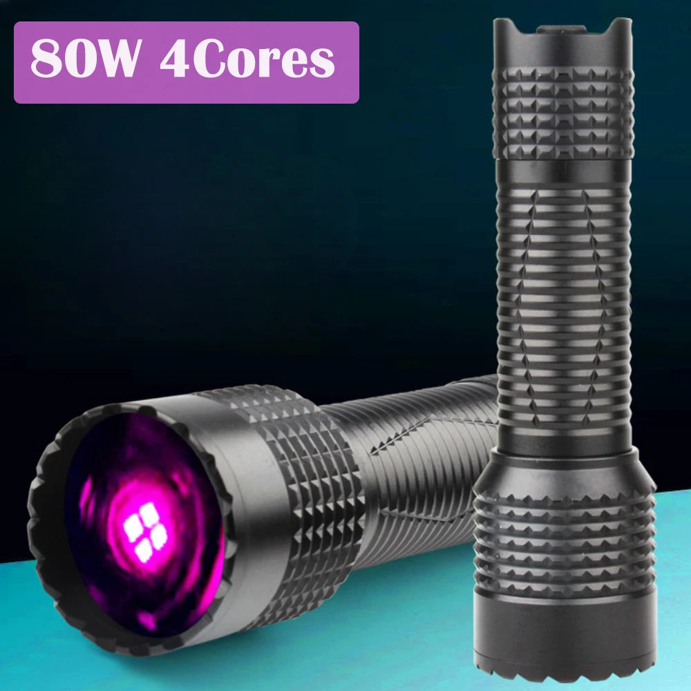 80W 4Cores 365nm UV Ultraviolet Flashlight USB Rechargeable Black Light Torch Curing Money Ore Scorpion Fluorescent Detector