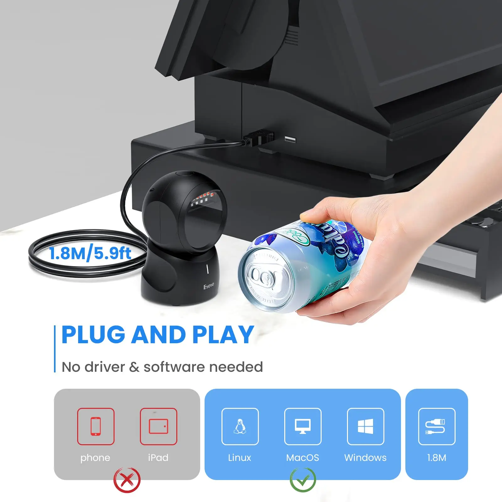 Eyoyo EY-5500 Hands-free Omnidirectional Barcode Scanner QR Code Automatic Sensing Scanning 1D&2D Desktop Barcode Scanner, USB Wired Bar Code Reader Screen Scanning for POS Supermarket Library Bookstore
