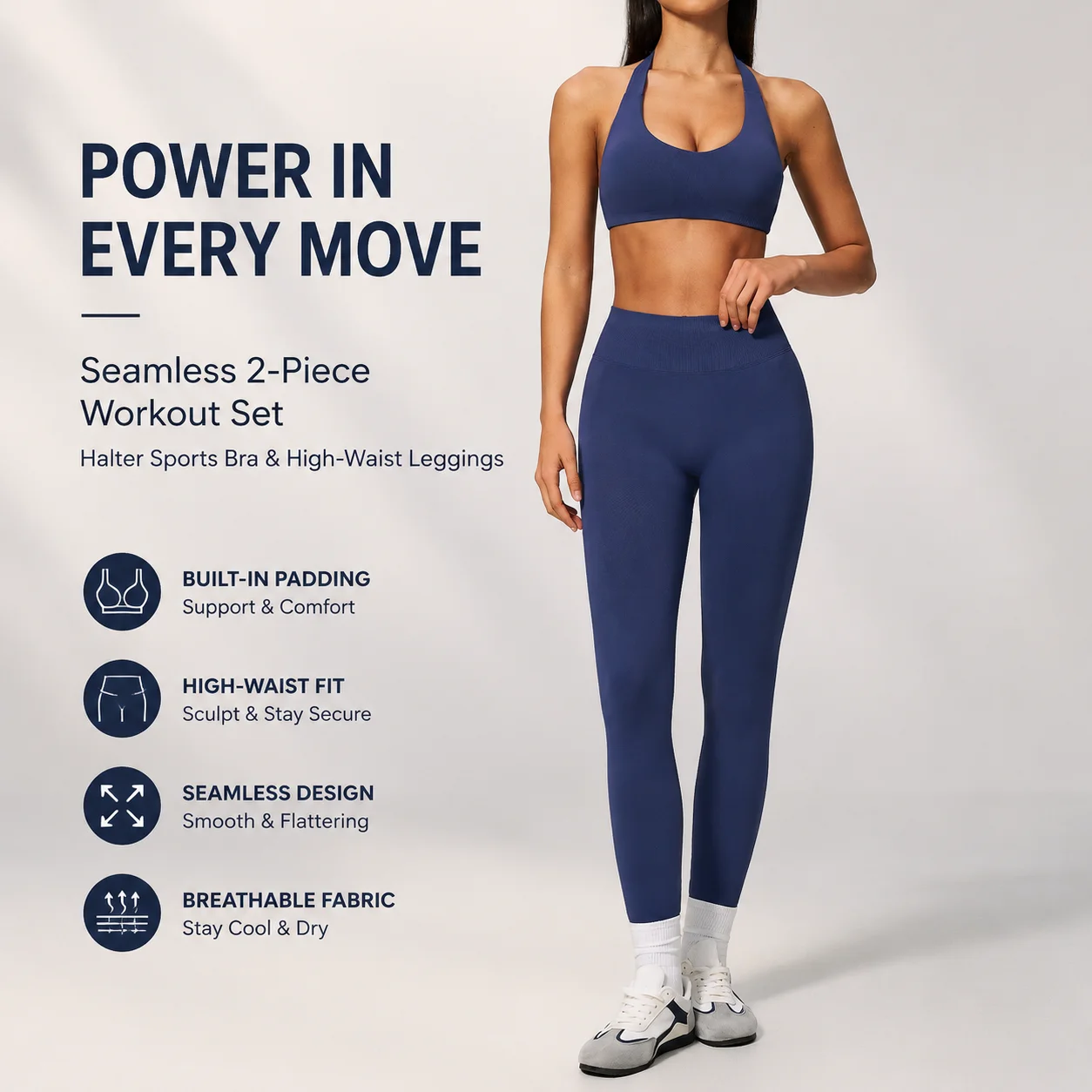 Women's Halter Deep V-Neck Sports Bra and High Waist Seamless Leggings Set 2-Piece Yoga Workout Outfit with Tummy Control Compre
