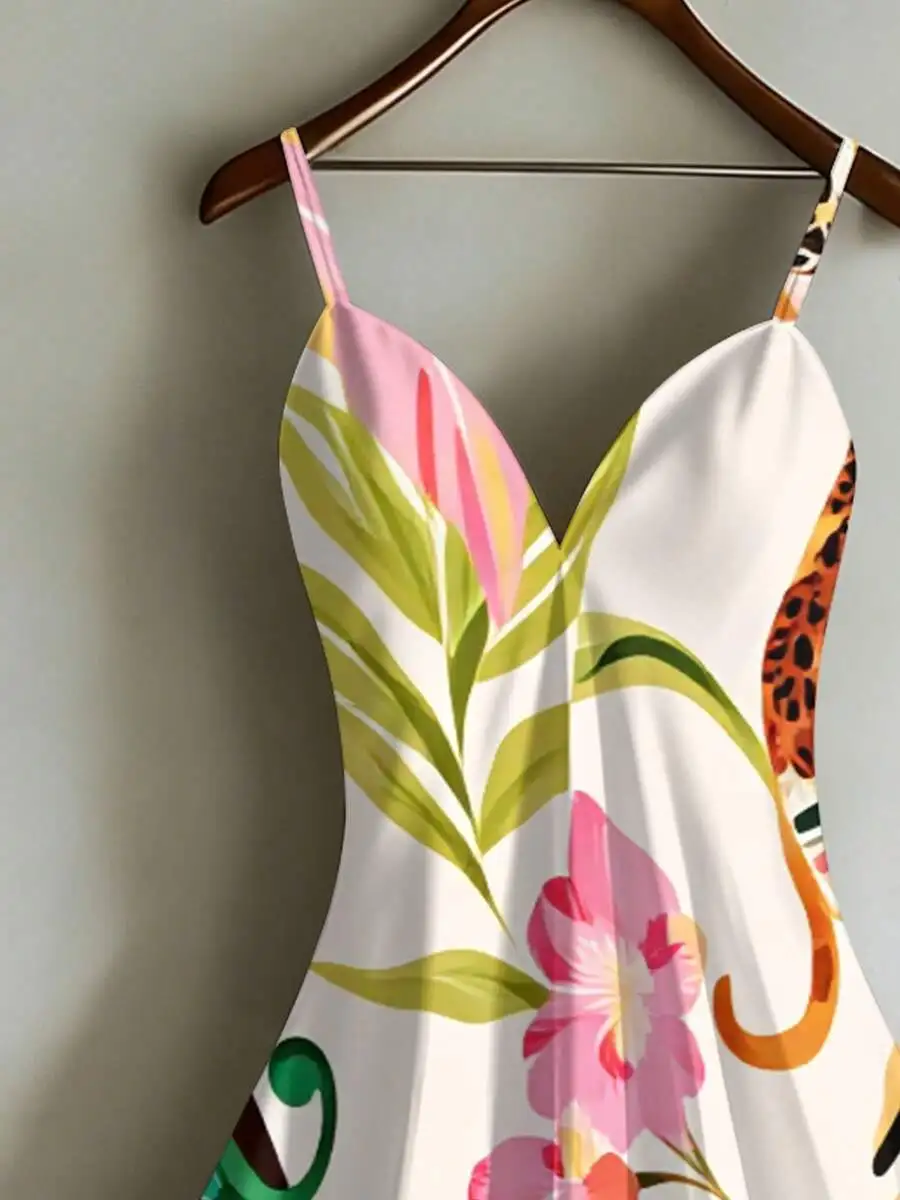 

Summer Boho Slip Dress Tropical Floral Parrot Print Umbrella Shape Beach Vacation Dress For Women