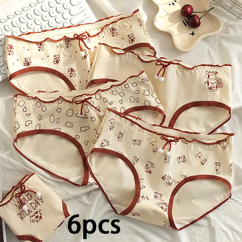 

6 шт., хлопковые женские трусики, нижнее белье со средней талией для подростков, модные трусы для девочек, дышащие трусики, студенческое нижнее белье с мультяшным принтом