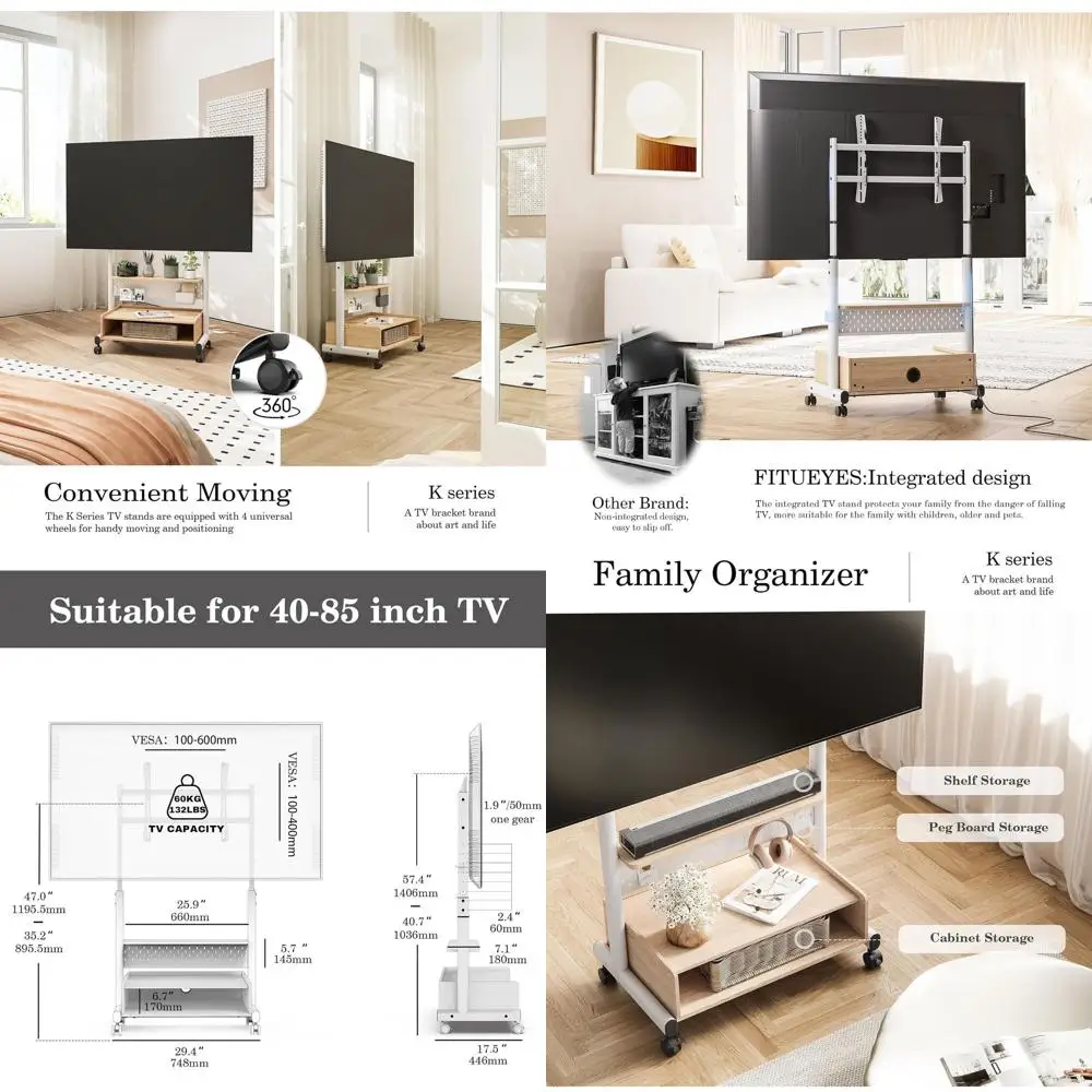 

Усиленная мобильная подставка для телевизоров 40-85 дюймов с фиксируемыми колесами, полкой для хранения и перфорированной панелью, выдерживает до 60 кг, для дома или офиса.
