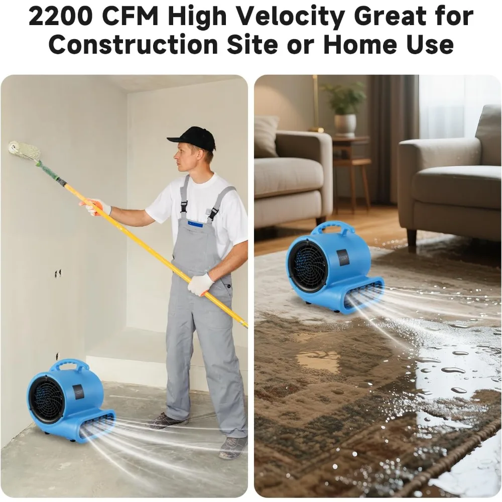 Ventilateur de séchage de tapis répertorié ETL 1/2HP, moteur de ventilateur d'air 2200CFM pour le séchage à la maison, ventilateur de sol Portable à cordon Long de 15 pieds