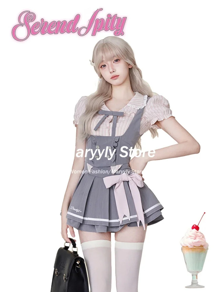 2024 Japanese Sweet Preppy Style Skirt Suit Women Kawaii Slim Striped Blouse + Casual Vest + Cute Bow Mini Skirt 3 Piece Set New