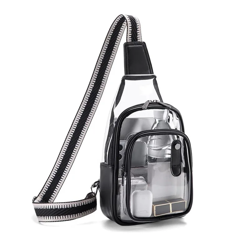 Bolsa de Peito em Couro com Detalhes em PVC, Bolsa Transparente de Ombro, Bolsa Transversal Fashion, Bolsa Feminina e Masculina