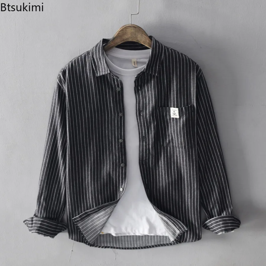 Classic Striped Versatile Casual Long Sleeve Shirts Spring Men's Single Breasted Loose Cardigan Cozy 100% Cotton Shirt Coat Male