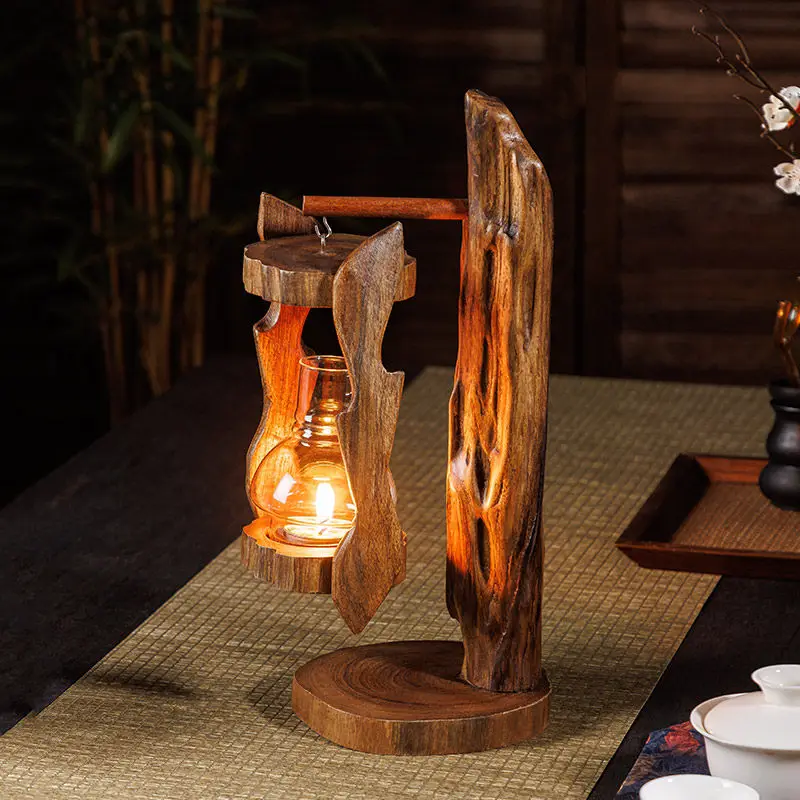 Antique Hand Carved Wood Lamp, Southeast Asian Hurricane Glass, Old Timber Outdoor Candle Holder, Rustic Windproof Table Lantern