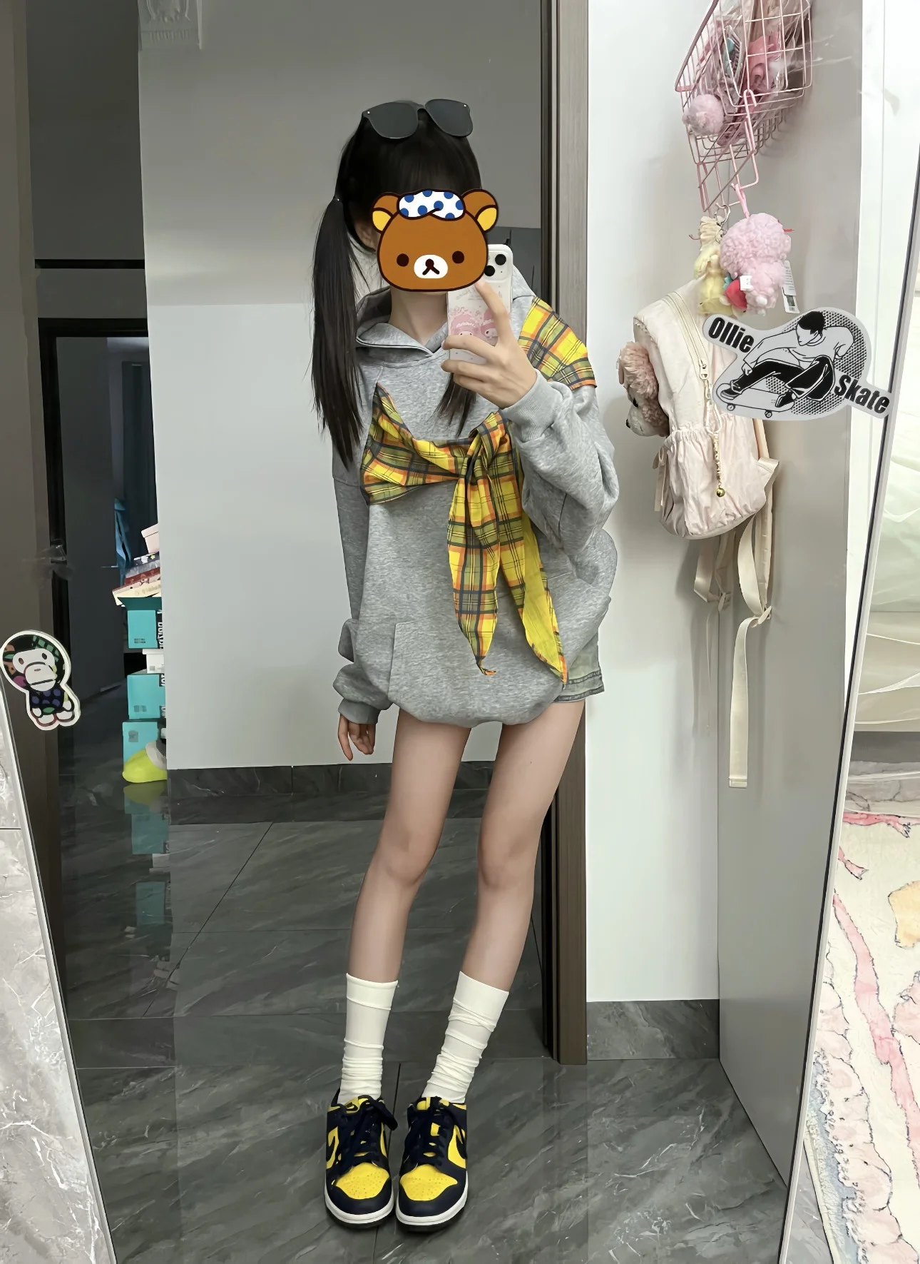 여성 패치 워크 그리드 레이스 업 보우 스웨트 아메리칸 스타일 하이 스트리트 다목적 가을 겨울 탑 트렌디 패션 후드