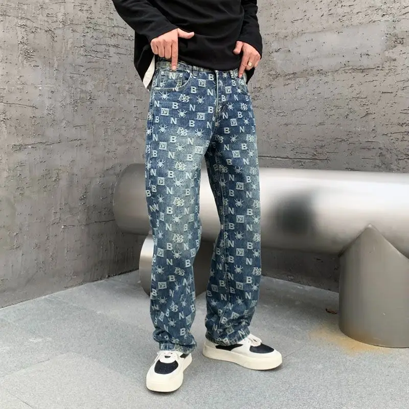 Men's Retro Blue Washed Letter Print Jeans Loose Straight Leg Pants in Stock for Casual and Streetwear