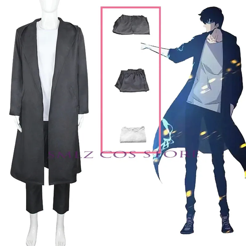 Anime Solo Leveling Sung Jin Woo Cosplay Costume Men Black Hooded Trench Wig Suit Role Hunter Shun Mizushino Outfit for Man