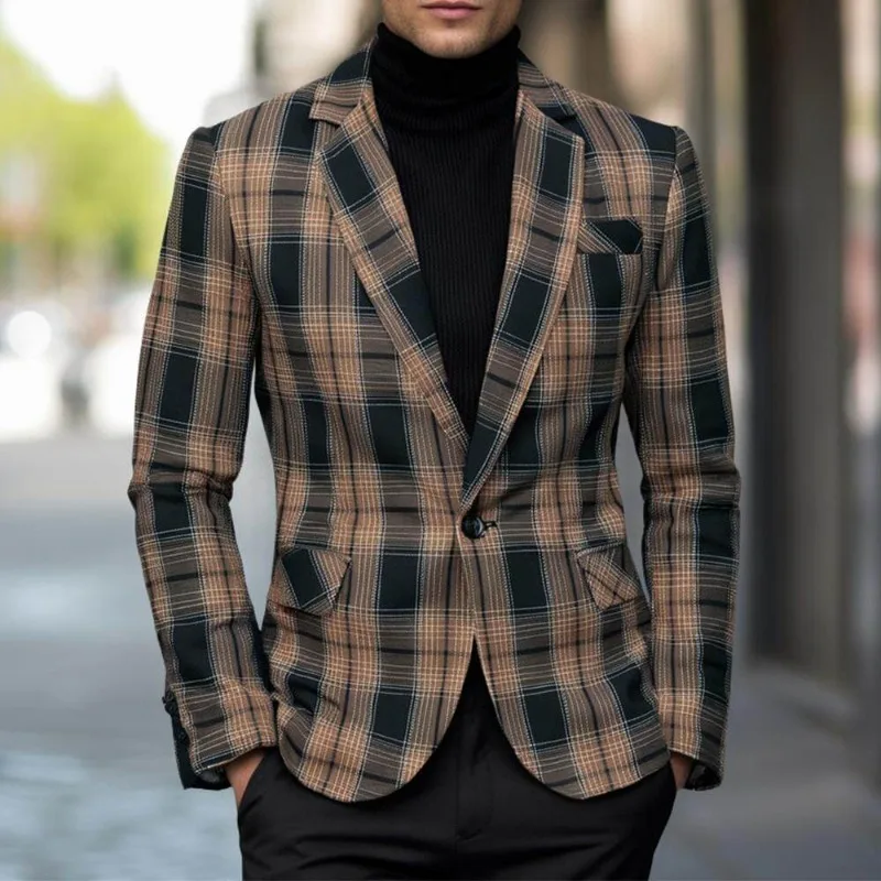 New 2026 Fashion Plaid Pattern Men Blazer Casual One Button Suit Coat for Spring