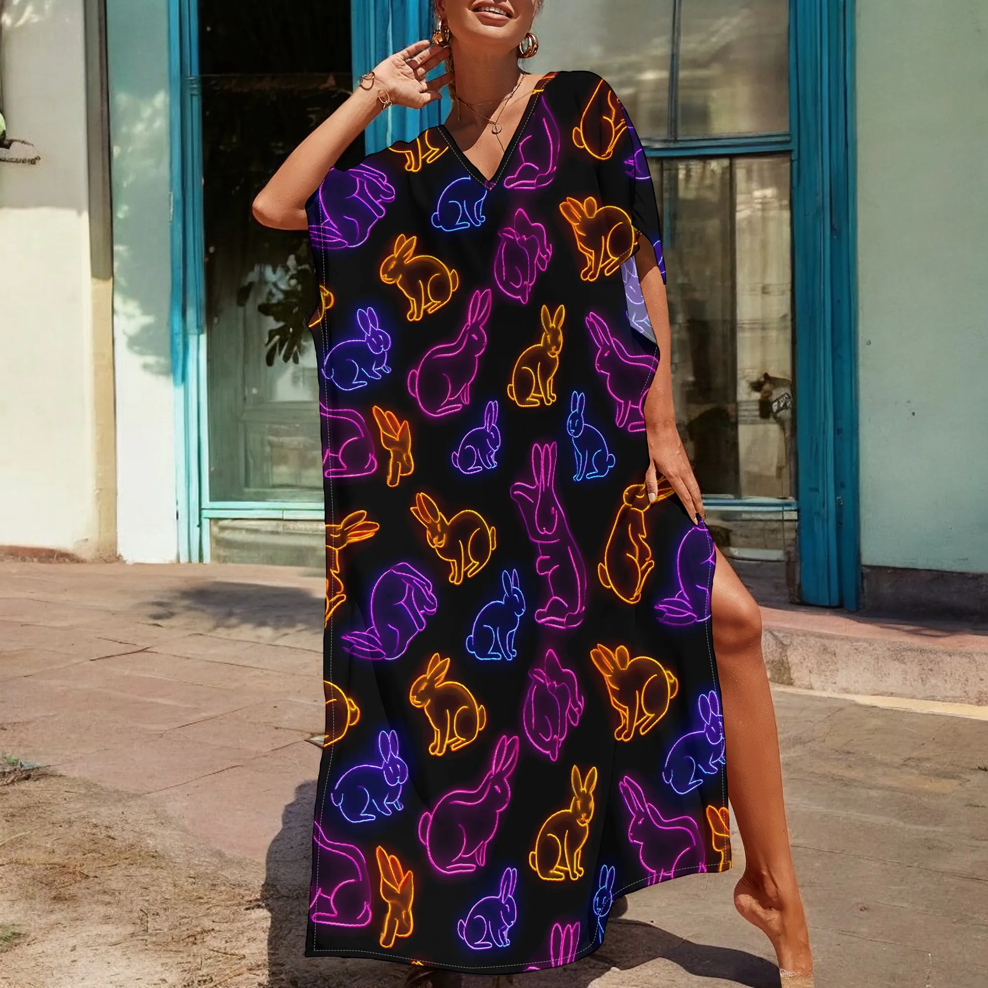 

Neon Bunny Print Kaftan Dress S-3XL - Vibrant Glow-In-The-Dark Design, Perfect for Casual & Fun Wear