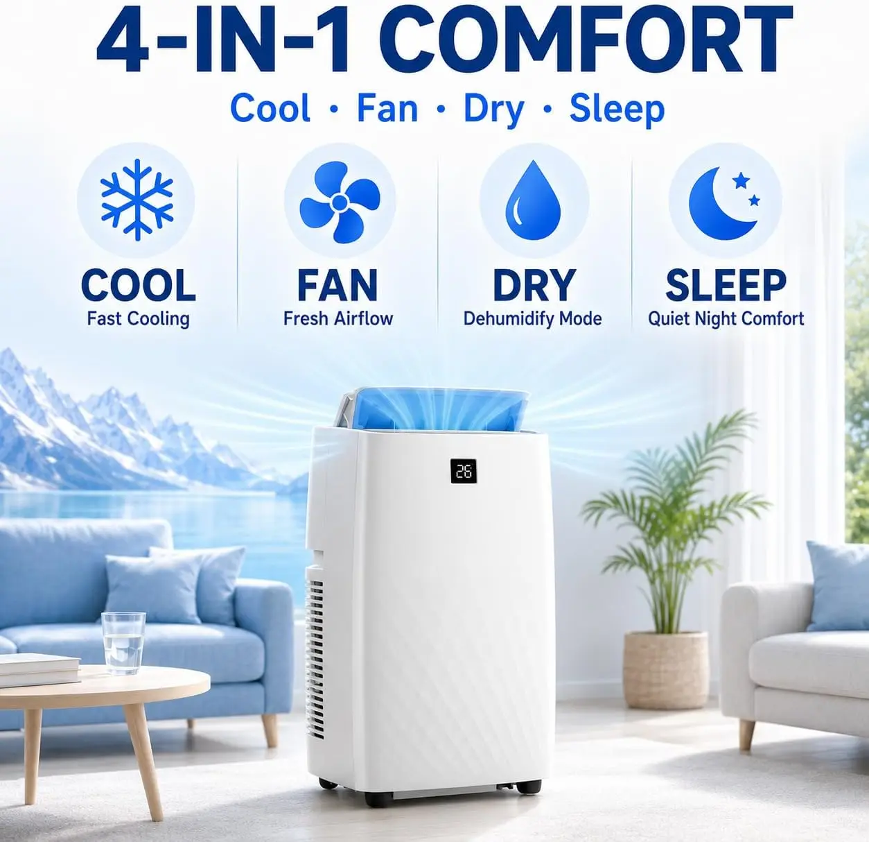 14000 BTU Portable Air Conditioners, 4-in-1 AC Unit with Cooling, Fan, Dehumidifier and Sleep Modes, for Rooms Up to 750 Sq.Ft,