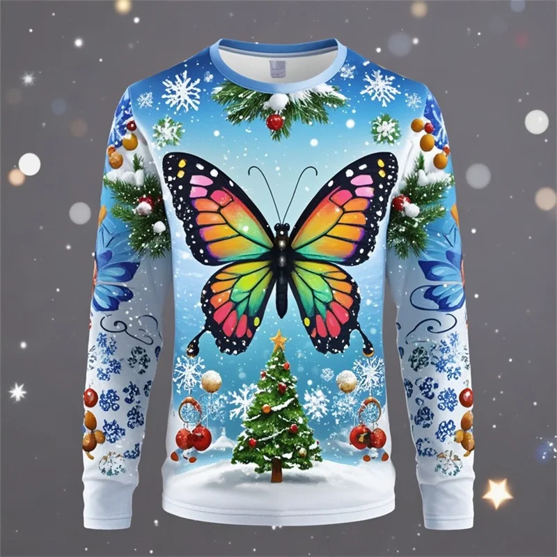 Mens Long Sleeve T Shirt Full Print Christmas Trees Butterfly Pattern Oversized Tshirts Clothes For Men Women Ropa Hombre