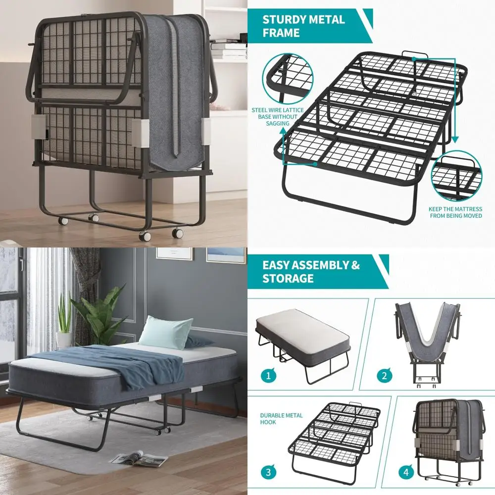 Portable Twin Size Rollaway Bed with 4-Inch Memory Foam Mattress for Adults - Adult Folding Guest Bed for Space Saving