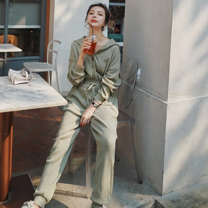 Tuta con cappuccio a vita alta da donna Casual Confortevole Faionable Autunno Nuovo arrivo Tutti abbinati Set coreano Sle Poliestere F...