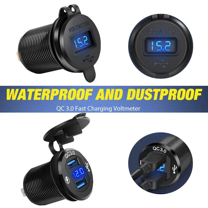 Voltímetro de Panel de 4 bandas, interruptor basculante de CC, resistente al agua, 12V-24V, con cargador USB Dual QC3.0 y Noche