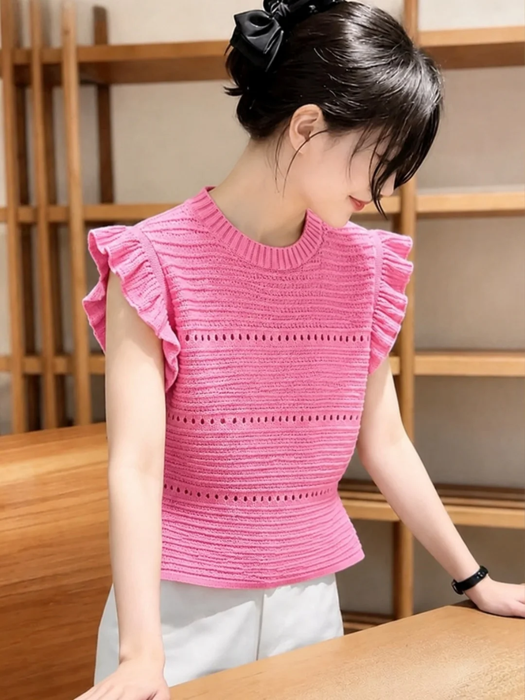 

Summer 2026 Trendy Sweet Ice Silk Knitted Top Hollow out round Neck Gentle Style Short Sleeve Slimming Women's Fashion Silk B...