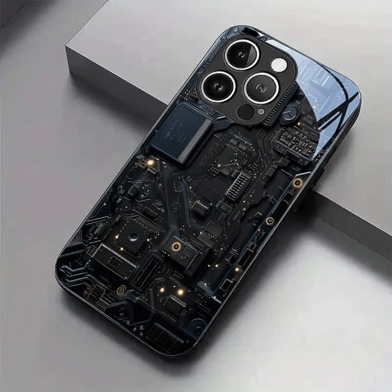 أسود بارد لوحة دوائر كهربائية نمط الزجاج قضية الهاتف آيفون 17 برو ماكس 16 15 14 13 12 11 برو 16E 17Air 7 8 زائد XR XS X غطاء