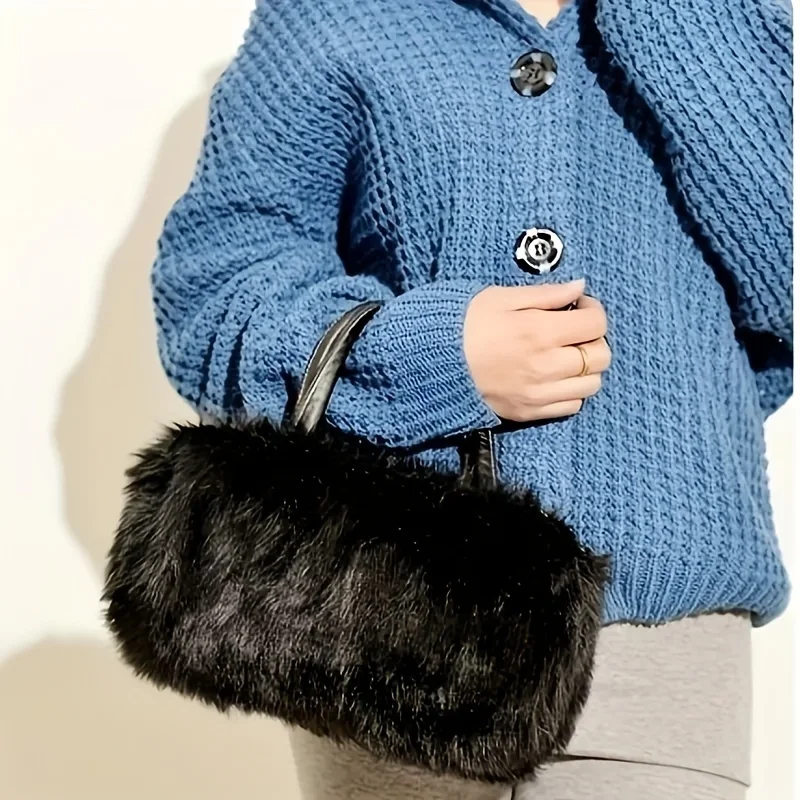 Minimalist Fluffy Plush Shoulder Bag Solid Color Top Handle Satchel Bag All-Match Women's Crossbody Bag Purses with Strap