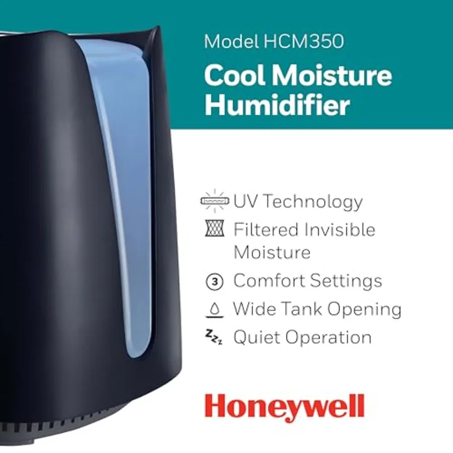 مرطب رطوبة بارد لغرف النوم والغرف المتوسطة حتى 500 قدم مربع وسعة 1.1 جالون مخرج رطوبة غير مرئي مع تقنية الأشعة فوق البنفسجية