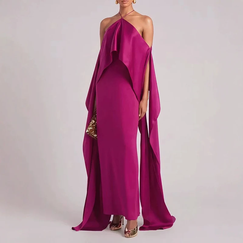 Sexy Hollow Batwing Sleeve Dress Fashion Halter Neck Solid Color Lady Long Dress Summer Hollow Sleeveless Satin Bridesmaid Dress