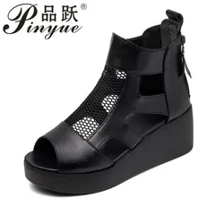 6cm Sandals women summer new fashion thick-bottomed breathable Eugene yarn mesh magic paste Roman sandals 34 42