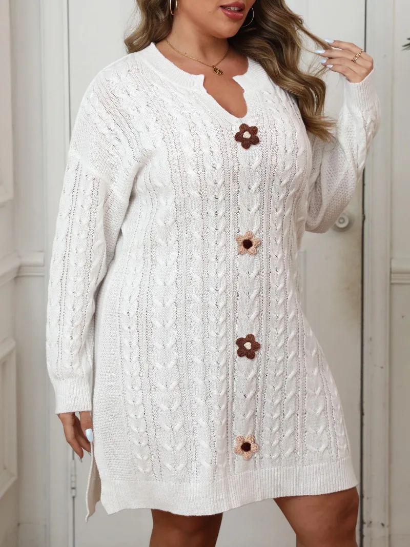 Kexu plus size feminino com decote em v torções de massa frita malha tecido camisola vestido sólido mão crochê costura outono inverno vestido