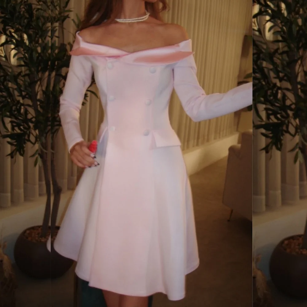 

Customized Simple Jersey Pleat Button A-line Off-the-shoulder Knee Length Dresses Bespoke Occasion Party High Quality
